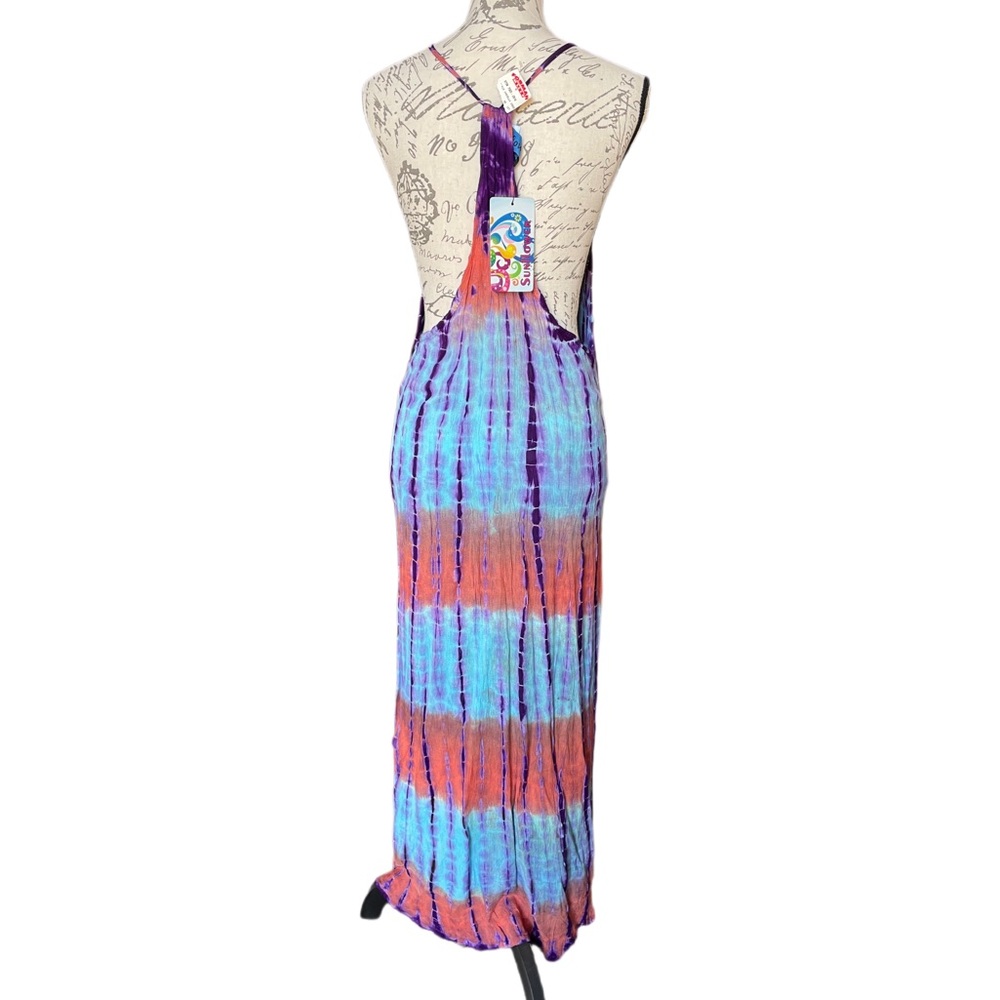 Sunflower Tie-Dye Hippie Maxi Dress in Purple Blue Rusty Orange Resort wear - OS - Picture 3 of 10